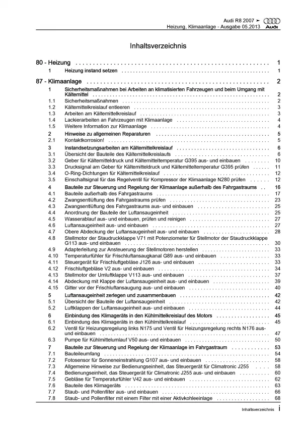 Audi R8 Typ 42 2006-2015 Heizung Belüftung Klimaanlage Reparaturanleitung