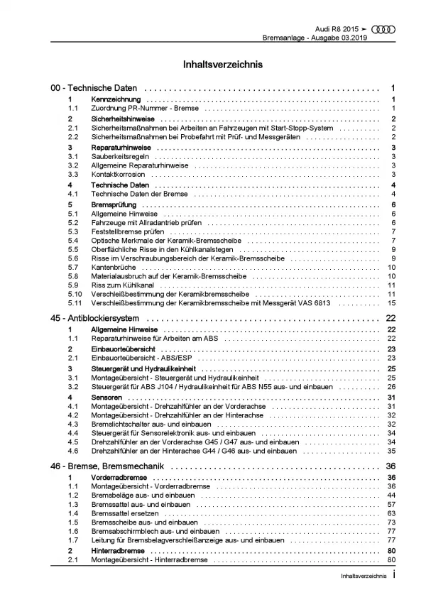 Audi R8 Typ 4S ab 2015 Bremsanlagen Bremsen System Reparaturanleitung PDF