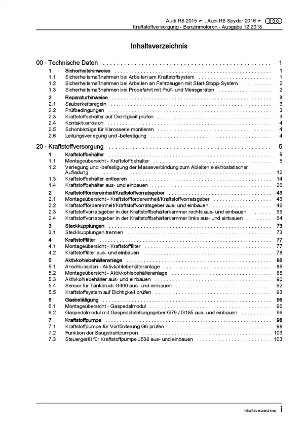 Audi R8 Typ 4S ab 2015 Kraftstoffversorgung Benzinmotoren Reparaturanleitung PDF