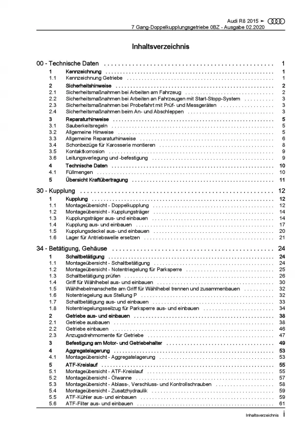 Audi R8 Typ 4S ab 2015 7 Gang Doppelkupplungsgetriebe 0BZ Reparaturanleitung PDF