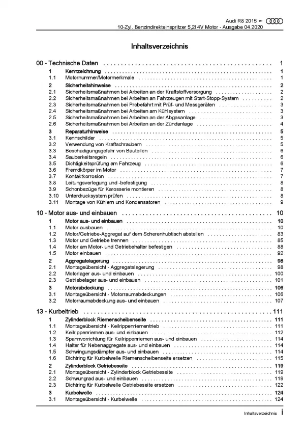 Audi R8 4S ab 2015 10-Zyl. 5,2l Benzinmotor 540-610 PS Reparaturanleitung PDF