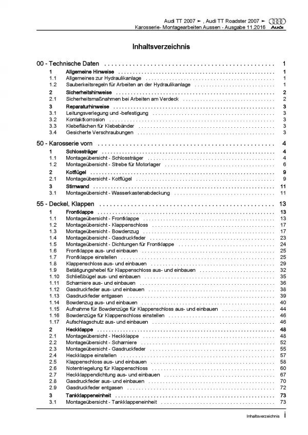 Audi TT Typ 8J 2006-2014 Karosserie Montagearbeiten Außen Reparaturanleitung PDF