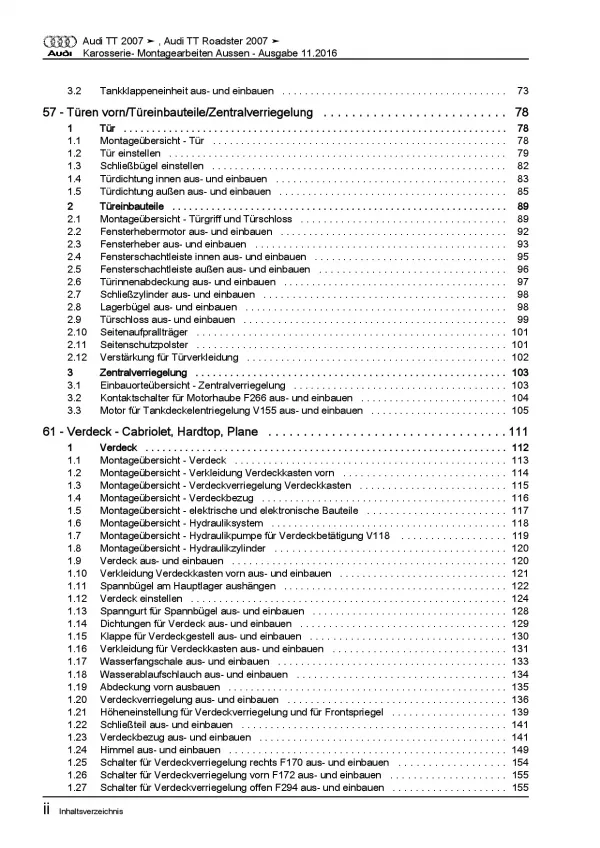 Audi TT Typ 8J 2006-2014 Karosserie Montagearbeiten Außen Reparaturanleitung