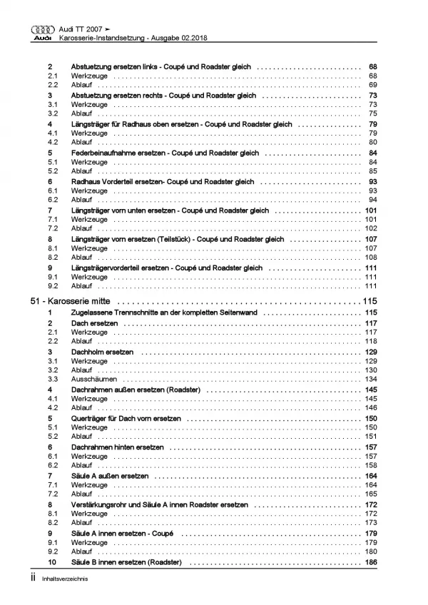 Audi TT Typ 8J 2006-2014 Karosserie Unfall Instandsetzung Reparaturanleitung PDF