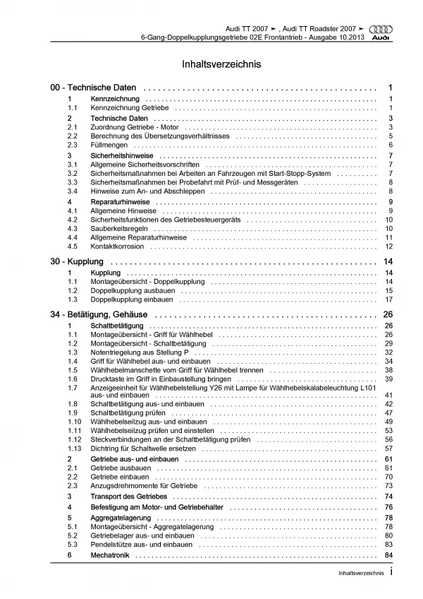 Audi TT 8J 2006-2014 6 Gang Automatikgetriebe DSG DKG 02E Reparaturanleitung PDF