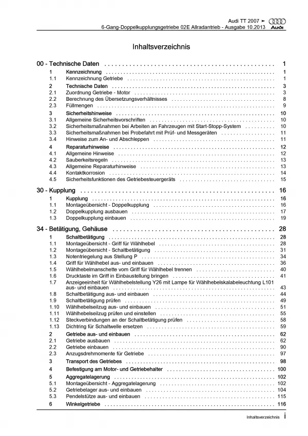 Audi TT 8J 2006-2014 6 Gang Automatikgetriebe DKG 02E AWD Reparaturanleitung PDF