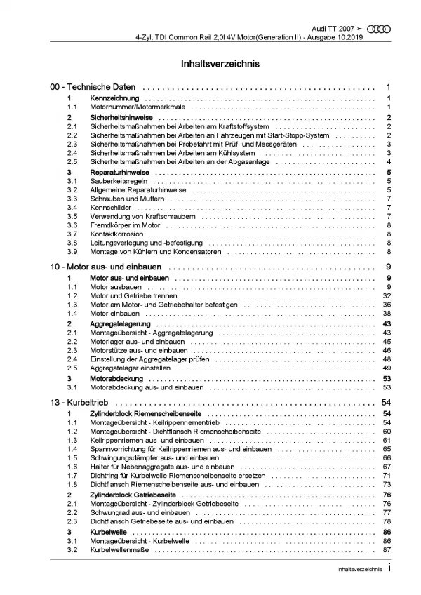 Audi TT 8J 2006-2014 4-Zyl. 2,0l Dieselmotor TDI 170 PS Reparaturanleitung PDF