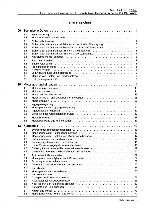 Audi TT 8J 2006-2014 4-Zyl. Benzinmotor 200 PS Mechanik Reparaturanleitung PDF