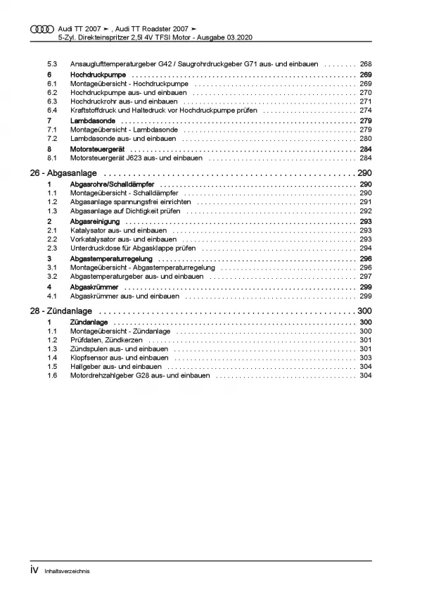 Audi TT 8J 2006-2014 5-Zyl. 2,5l Benzinmotor 340-360 PS Reparaturanleitung PDF