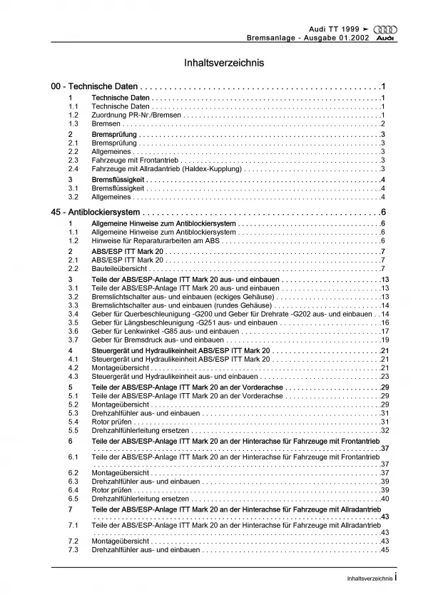 Audi TT Typ 8N 1998-2006 Bremsanlagen Bremsen System Reparaturanleitung PDF