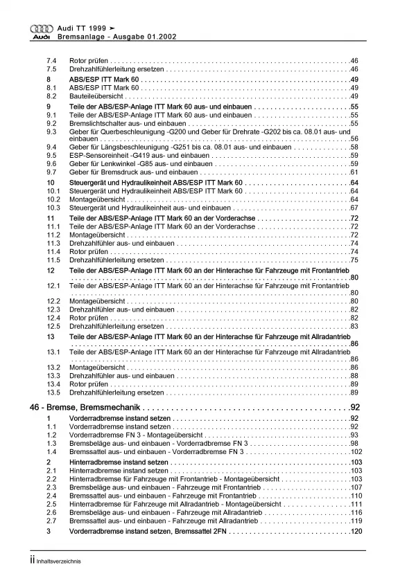 Audi TT Typ 8N 1998-2006 Bremsanlagen Bremsen System Reparaturanleitung PDF