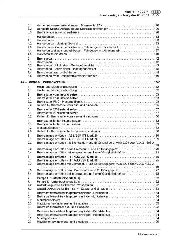 Audi TT Typ 8N 1998-2006 Bremsanlagen Bremsen System Reparaturanleitung PDF