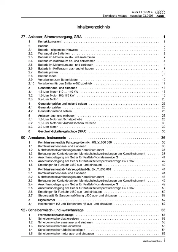 Audi TT 8N 1998-2006 Elektrische Anlage Elektrik Systeme Reparaturanleitung PDF