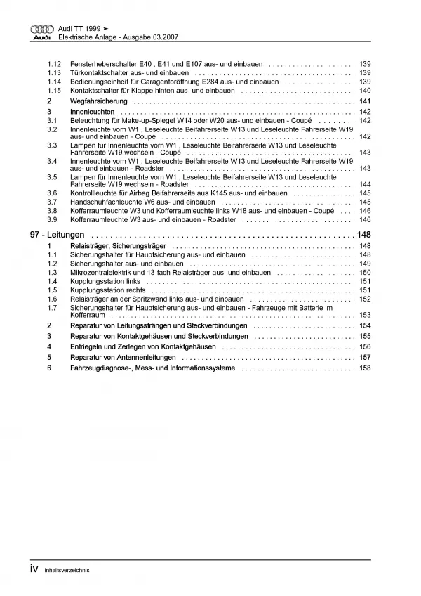 Audi TT 8N 1998-2006 Elektrische Anlage Elektrik Systeme Reparaturanleitung PDF