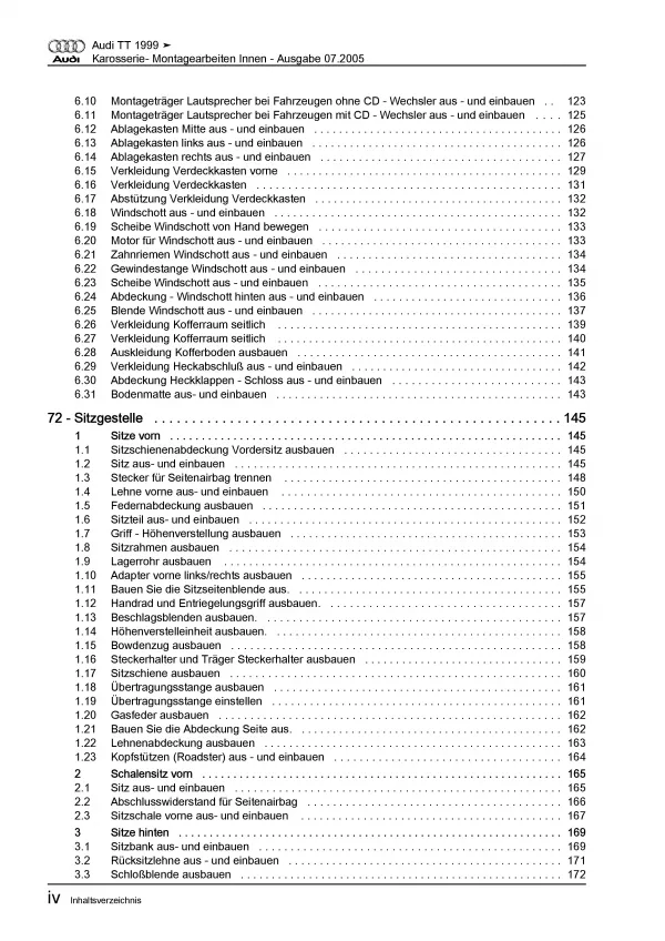 Audi TT Typ 8N 1998-2006 Karosserie Montagearbeiten Innen Reparaturanleitung PDF