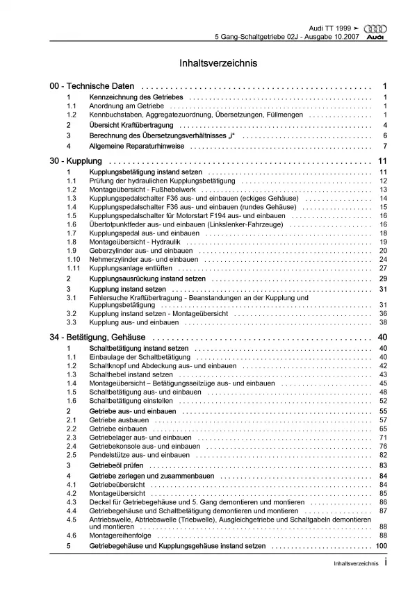 Audi TT 8N 1998-2006 5 Gang Schaltgetriebe 02J Kupplung Reparaturanleitung PDF