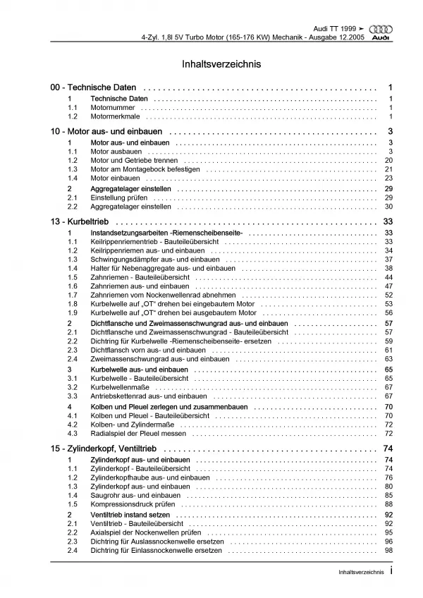 Audi TT 8N (98-06) 4-Zyl. Benzinmotor 225-245 PS Mechanik Reparaturanleitung PDF