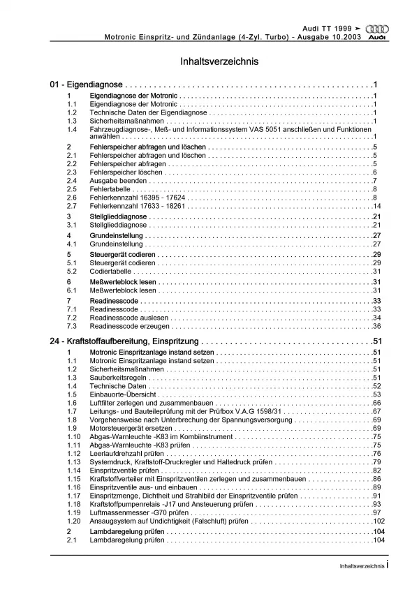 Audi TT 8N (98-06) 4-Zyl. Motronic Einspritz- Zündanlage Reparaturanleitung PDF