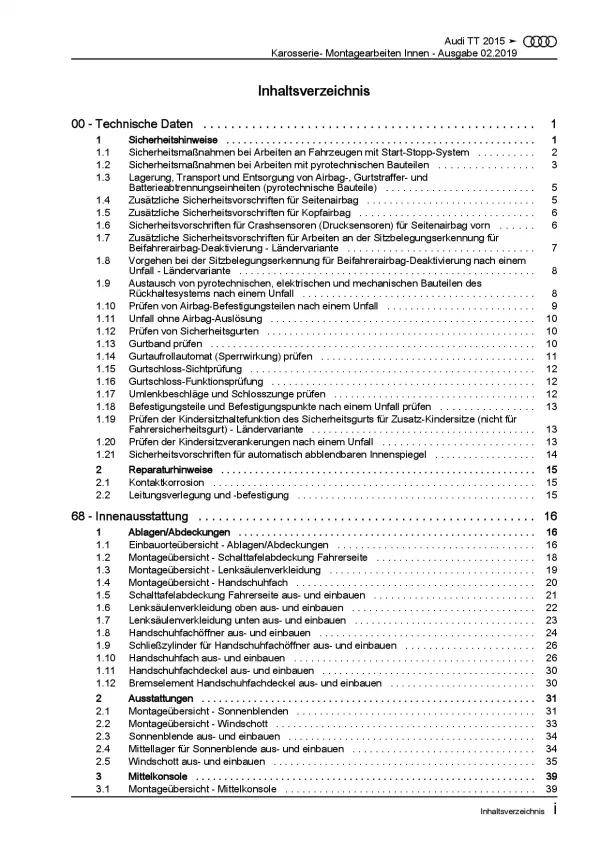 Audi TT 8S FV ab 2014 Karosserie Montagearbeiten Innen Reparaturanleitung PDF