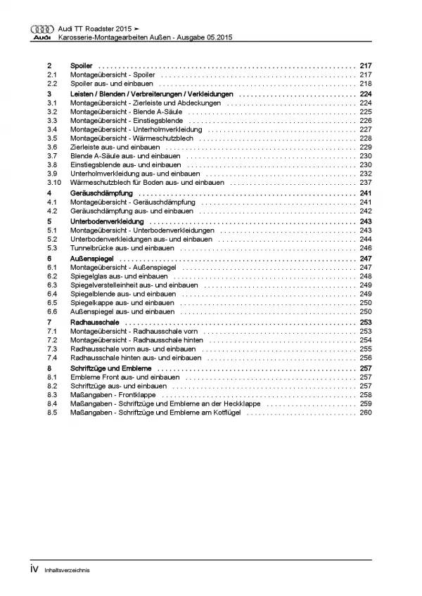 Audi TT Cabrio ab 2014 Karosserie Außen Montagearbeiten Reparaturanleitung PDF