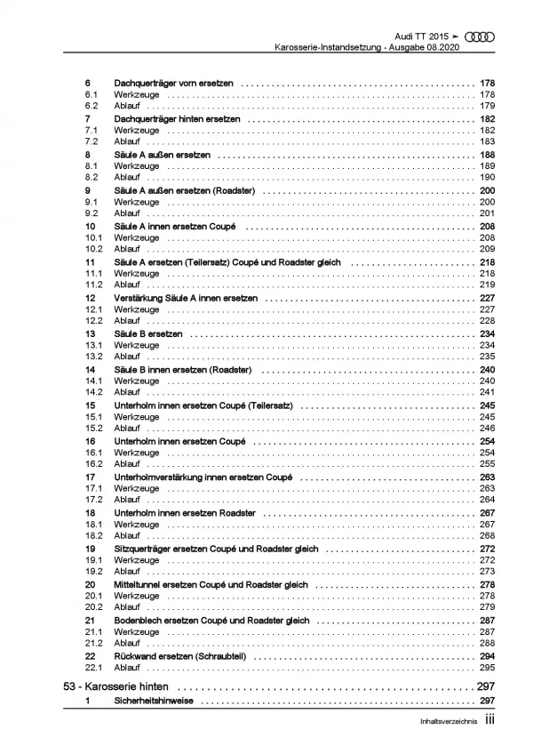 Audi TT 8S FV ab 2014 Karosserie Unfall Instandsetzung Reparaturanleitung PDF