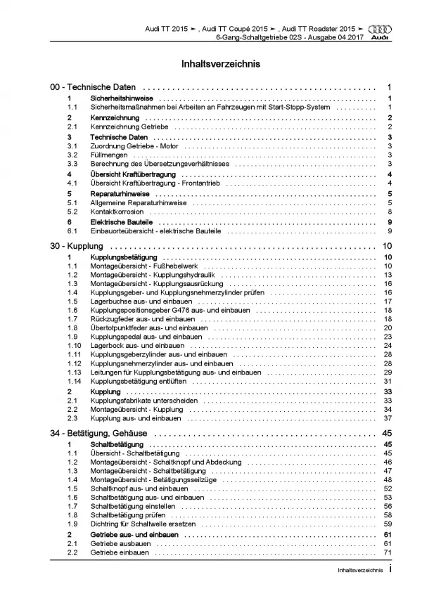 Audi TT 8S FV ab 2014 6 Gang Schaltgetriebe 02S Kupplung Reparaturanleitung PDF