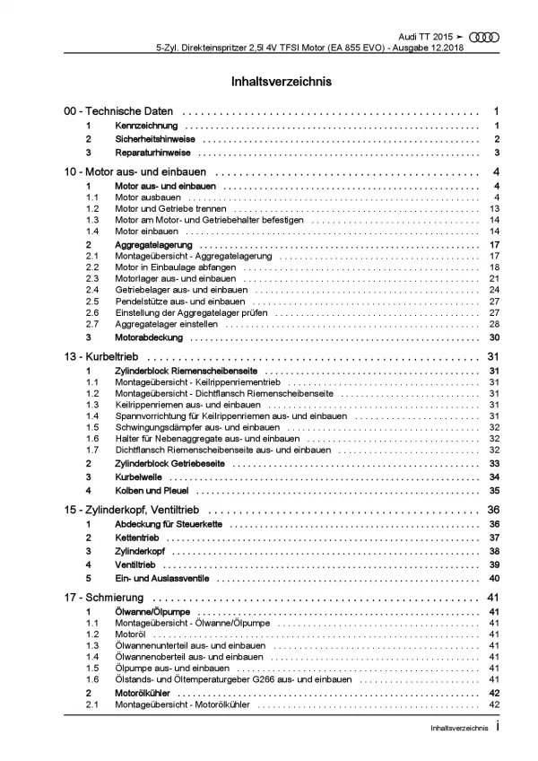 Audi TT Typ 8S FV ab 2014 5-Zyl. 2,5l Benzinmotor TFSI 4V Reparaturanleitung PDF