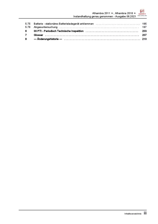 SEAT Alhambra 71 (15>) Instandhaltung Inspektion Wartung Reparaturanleitung PDF