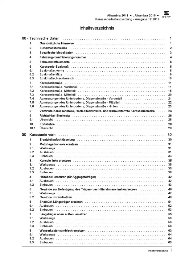 SEAT Alhambra 71 ab 2015 Karosserie Unfall Instandsetzung Reparaturanleitung PDF