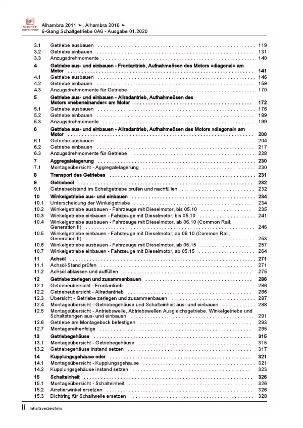 SEAT Alhambra ab 2015 6 Gang Schaltgetriebe 0A6 Kupplung Reparaturanleitung PDF