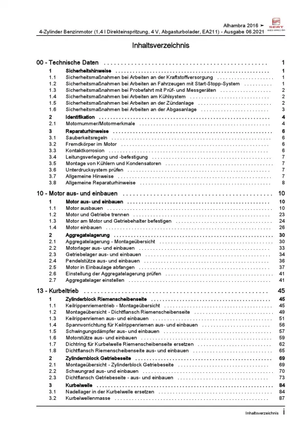 SEAT Alhambra 71 ab 2015 4-Zyl. 1,4l Benzinmotor 150 PS Reparaturanleitung