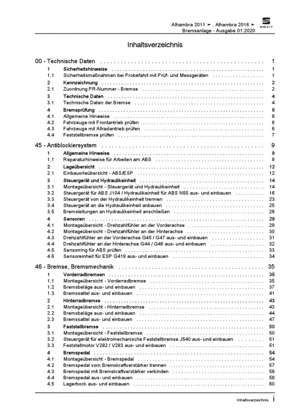 SEAT Alhambra 7N 2010-2015 Bremsanlagen Bremsen System Reparaturanleitung PDF