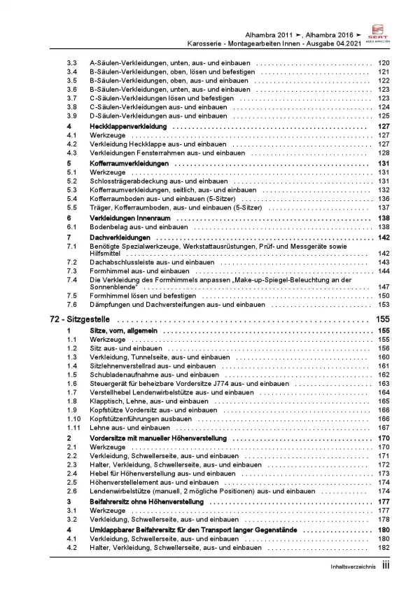 SEAT Alhambra 7N (10-15) Karosserie Montagearbeiten Innen Reparaturanleitung PDF