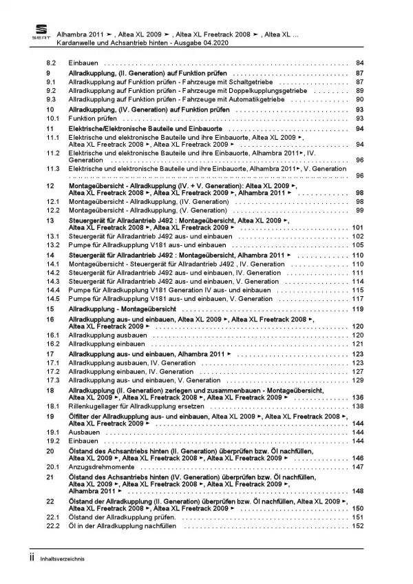 SEAT Alhambra 7N 2010-2015 Kardanwelle Achsantrieb hinten Reparaturanleitung PDF