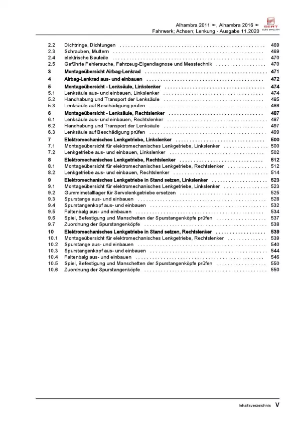 SEAT Alhambra Typ 7N 2010-2015 Fahrwerk Achsen Lenkung Reparaturanleitung PDF