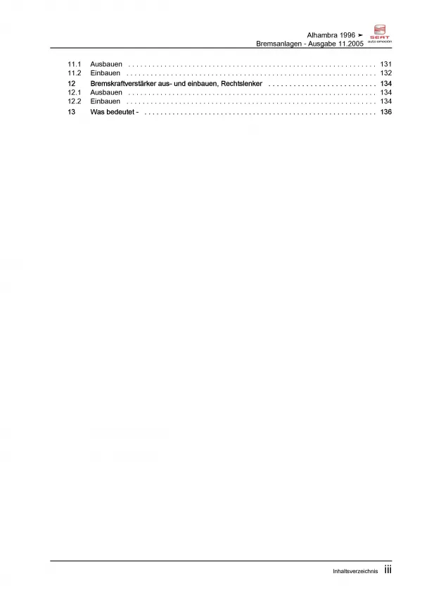 SEAT Alhambra 7V 1995-2010 Bremsanlagen Bremsen System Reparaturanleitung PDF