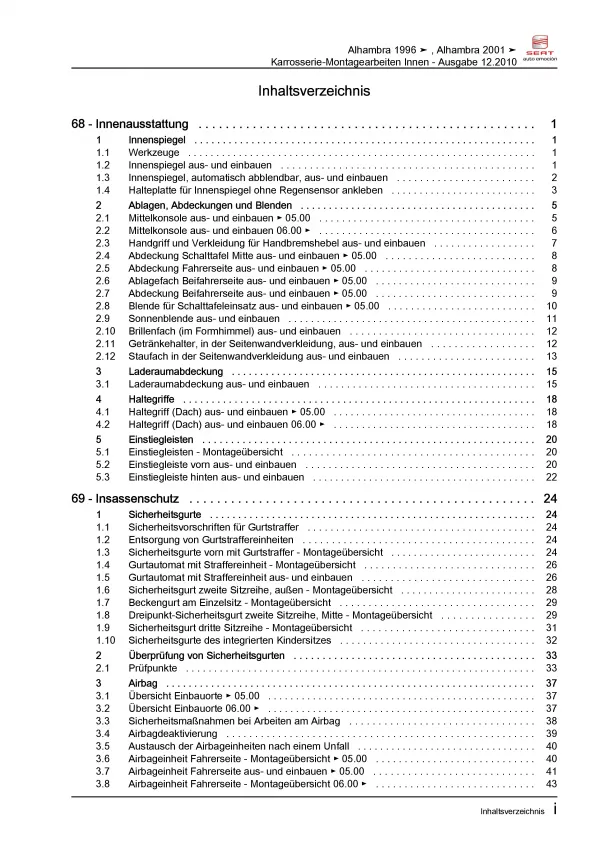 SEAT Alhambra 7V (95-10) Karosserie Montagearbeiten Innen Reparaturanleitung PDF