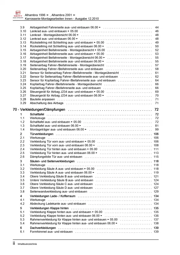 SEAT Alhambra 7V (95-10) Karosserie Montagearbeiten Innen Reparaturanleitung PDF