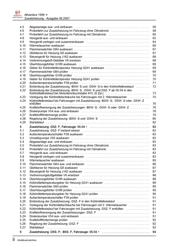 SEAT Alhambra Typ 7V 1995-2010 Standheizung Zusatzheizung Reparaturanleitung PDF