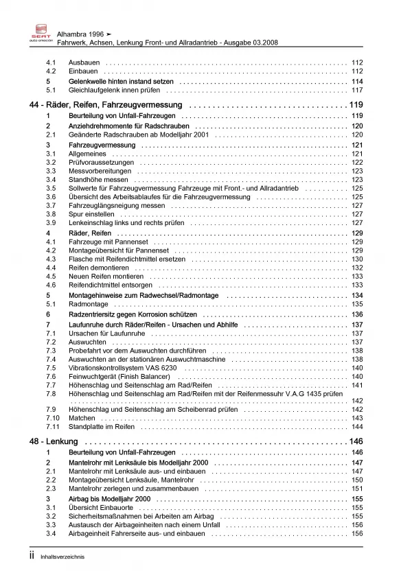 SEAT Alhambra 7V 1995-2010 Fahrwerk Achsen Lenkung FWD AWD Reparaturanleitung