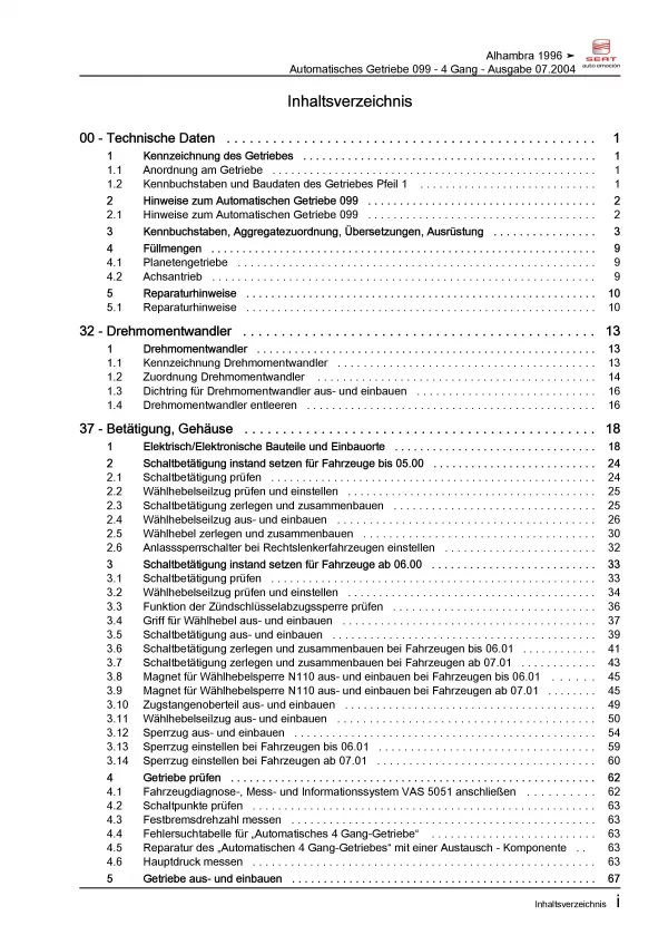 SEAT Alhambra 7V 1995-2010 4 Gang Automatikgetriebe 099 Reparaturanleitung PDF