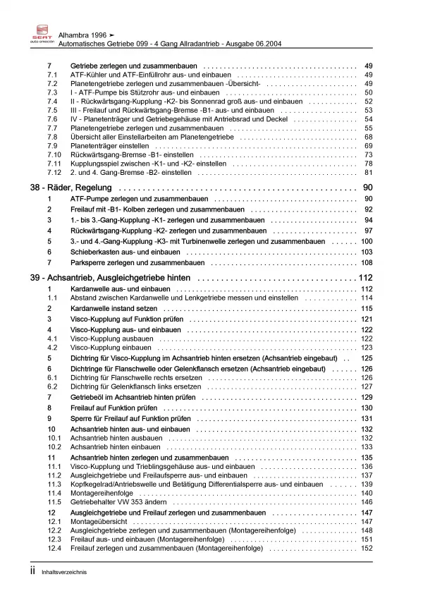 SEAT Alhambra 7V (95-10) 4 Gang Automatikgetriebe 099 4WD Reparaturanleitung PDF