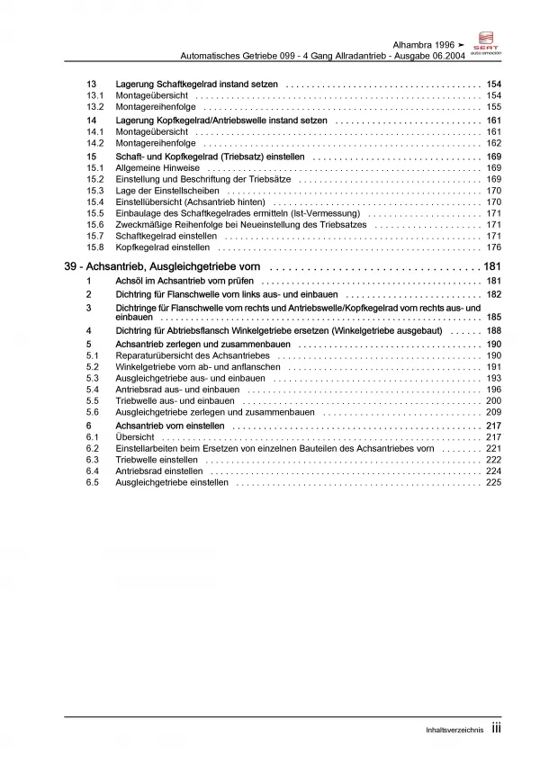 SEAT Alhambra 7V (95-10) 4 Gang Automatikgetriebe 099 4WD Reparaturanleitung PDF