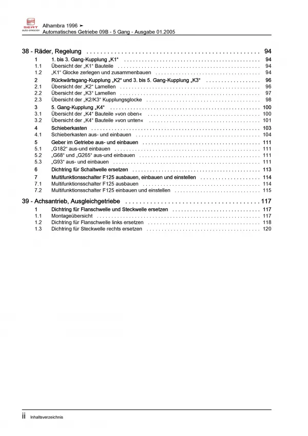 SEAT Alhambra Typ 7V 1995-2010 5 Gang Automatikgetriebe 09B Reparaturanleitung