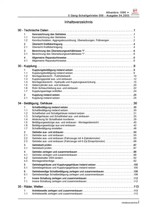 SEAT Alhambra Typ 7V 1995-2010 5 Gang Schaltgetriebe 006 Reparaturanleitung PDF