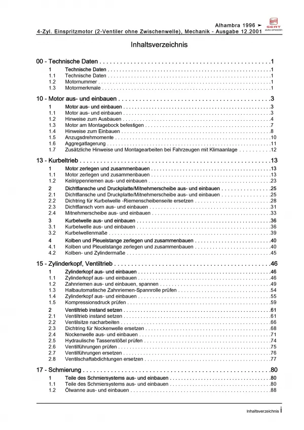 SEAT Alhambra 7V (95-10) 2,0l Benzinmotor 115 PS Mechanik Reparaturanleitung PDF