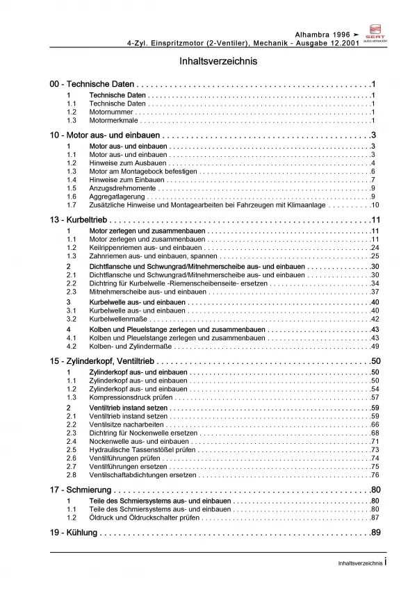 SEAT Alhambra 7V (95-10) 2,0l Benzinmotor Mechanik 115 PS Reparaturanleitung PDF