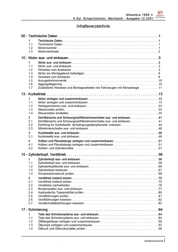 SEAT Alhambra 7V (95-10) 2,8l Benzinmotor 174 PS Mechanik Reparaturanleitung PDF