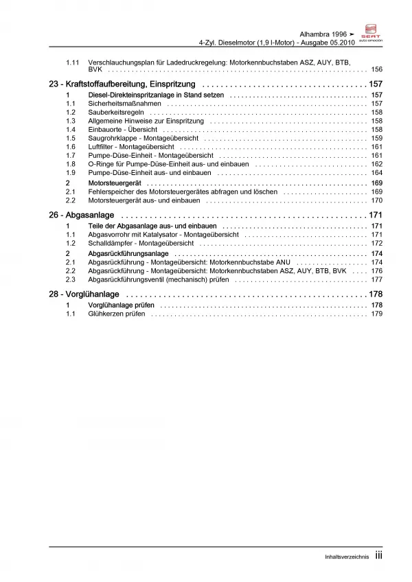 SEAT Alhambra Typ 7V (95-10) 4-Zyl. Dieselmotor 90-150 PS Reparaturanleitung PDF