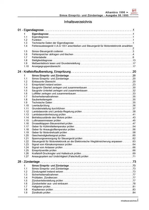 SEAT Alhambra (95-10) Benzin 115 PS Einspritz- Zündanlage Reparaturanleitung PDF